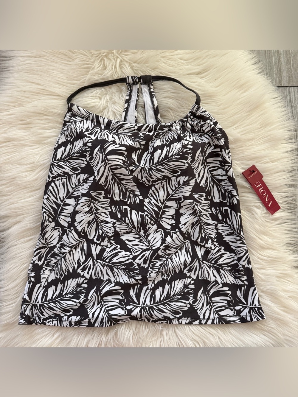 Merona Tankini Top Women Dark Brown White Tropical Palm Leaf Racerback NEW Sz S